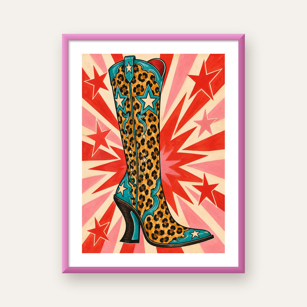 Leopar Desenli Kovboy Botu Poster – Renkli Pop Art Duvar Dekoru — pembe çerçeveli paspartulu