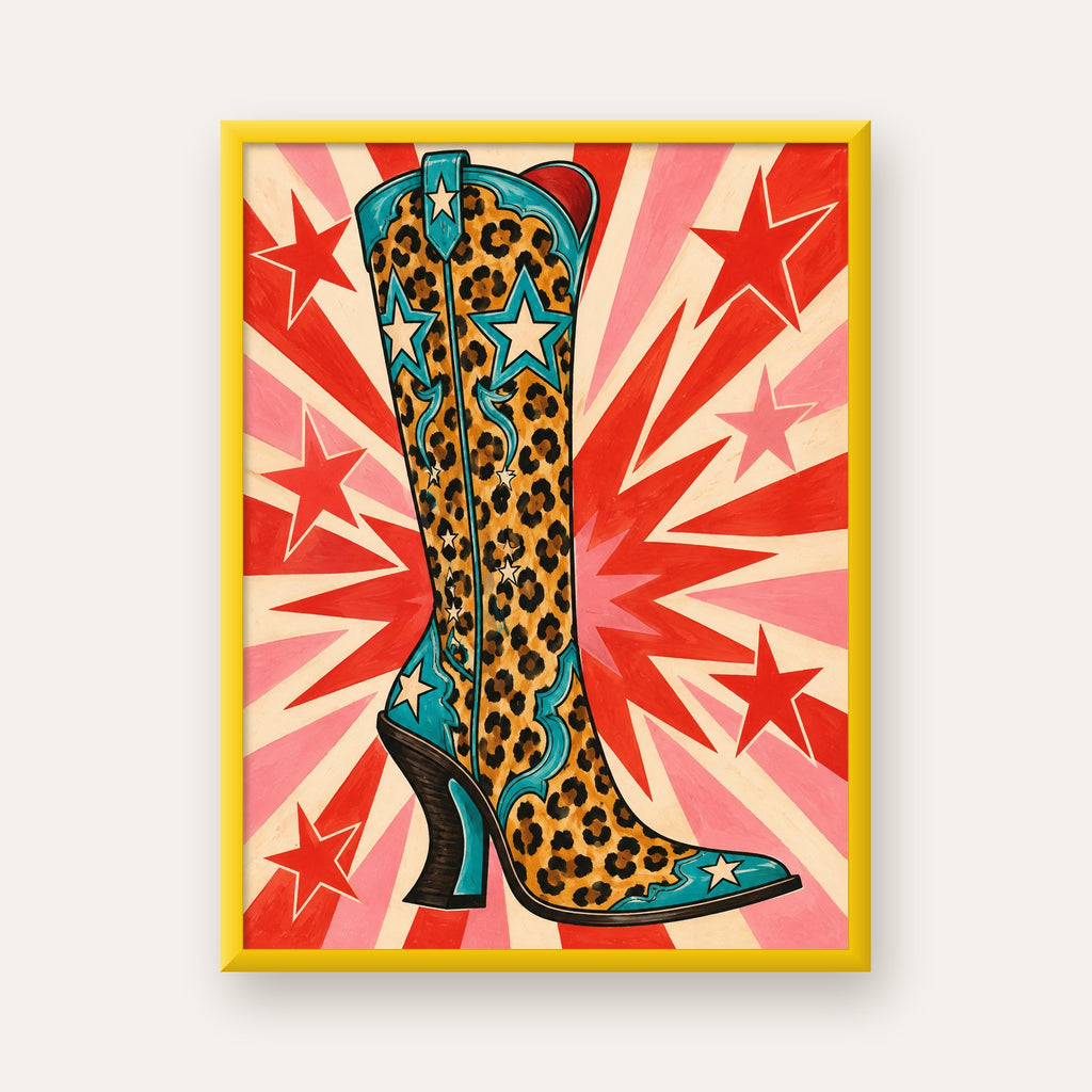 Leopar Desenli Kovboy Botu Poster – Renkli Pop Art Duvar Dekoru — sarı çerçeveli