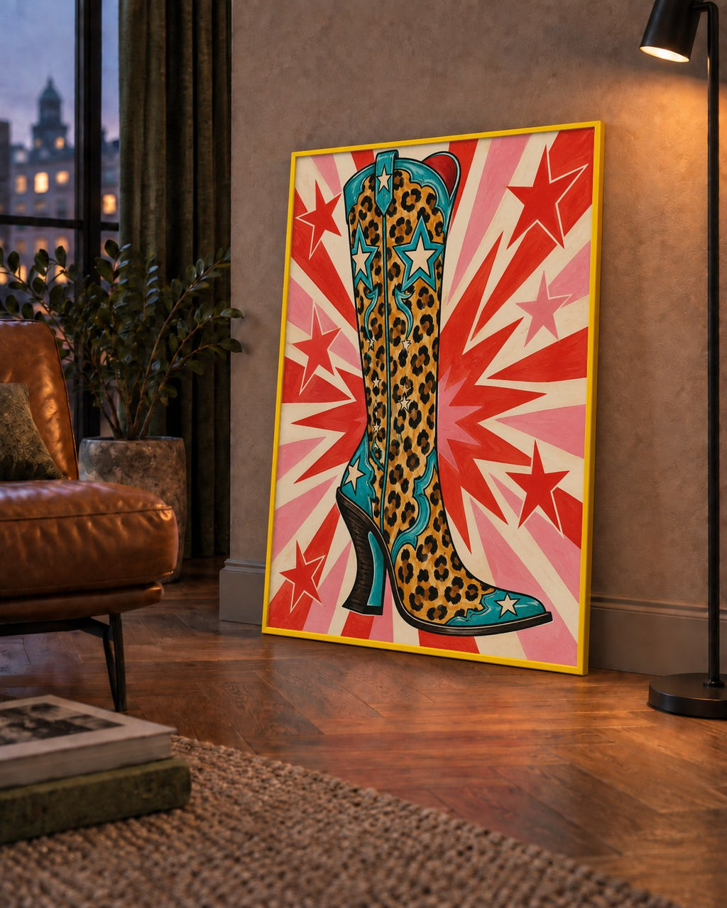 Leopar Desenli Kovboy Botu Poster – Renkli Pop Art Duvar Dekoru — çerçeveli hâliyle bir ev duvarında