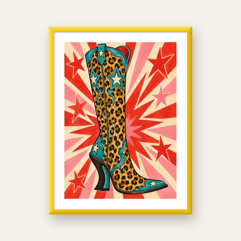Leopar Desenli Kovboy Botu Poster – Renkli Pop Art Duvar Dekoru — sarı çerçeveli paspartulu