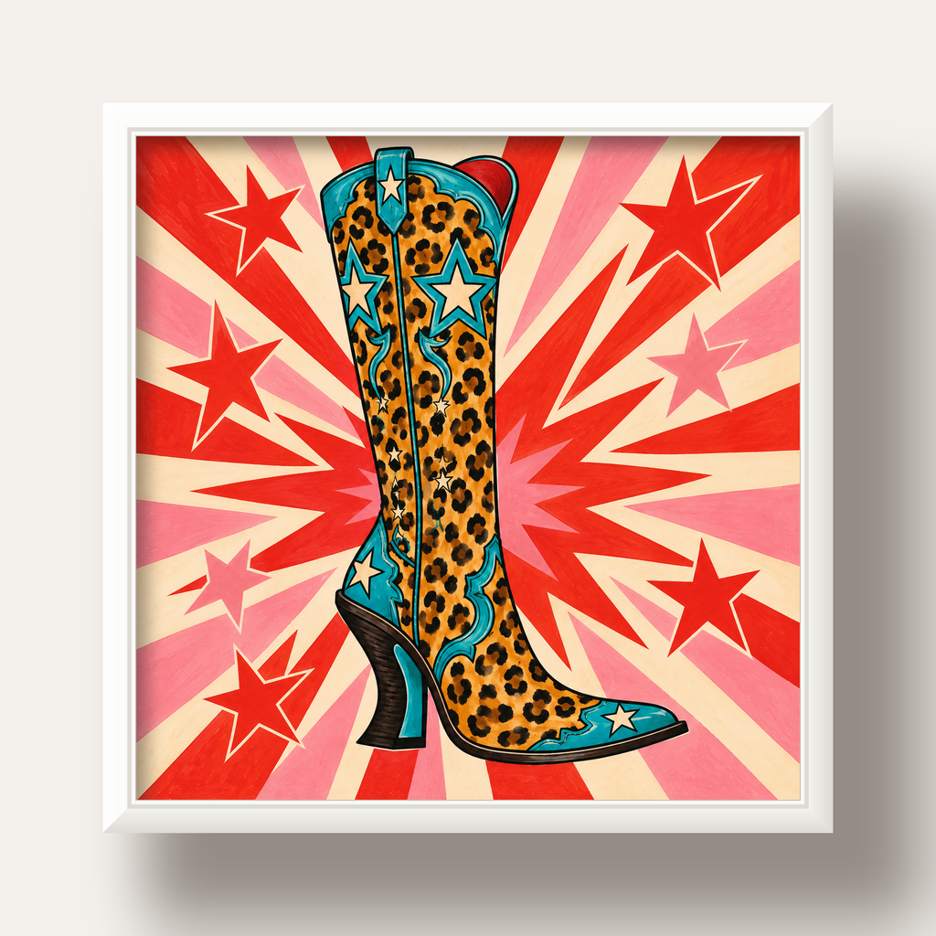Leopar Desenli Kovboy Botu Poster – Renkli Pop Art Duvar Dekoru — beyaz derin çerçeveli
