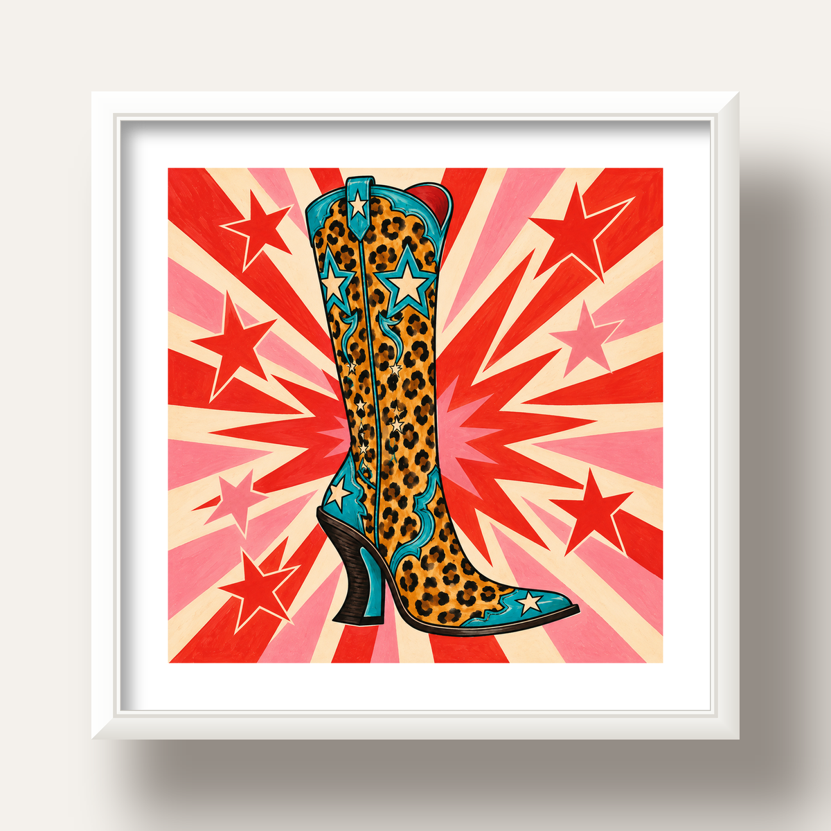 Leopar Desenli Kovboy Botu Poster – Renkli Pop Art Duvar Dekoru — beyaz derin çerçeveli paspartulu