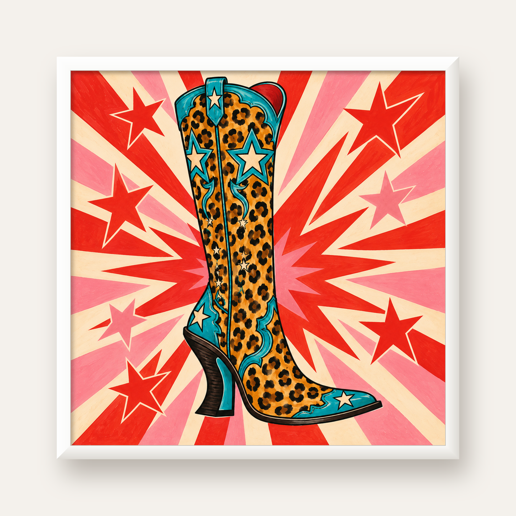 Leopar Desenli Kovboy Botu Poster – Renkli Pop Art Duvar Dekoru — beyaz çerçeveli kare poster