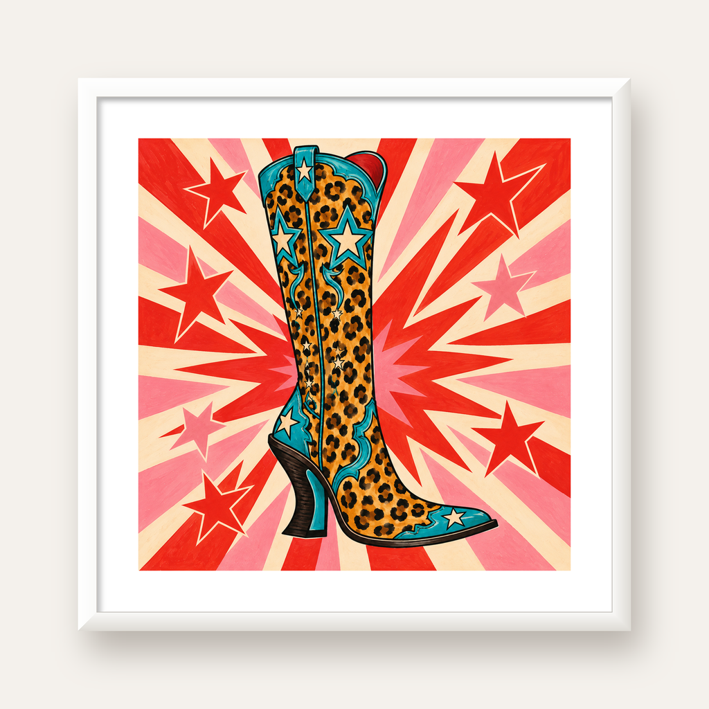 Leopar Desenli Kovboy Botu Poster – Renkli Pop Art Duvar Dekoru — beyaz çerçeveli kare poster