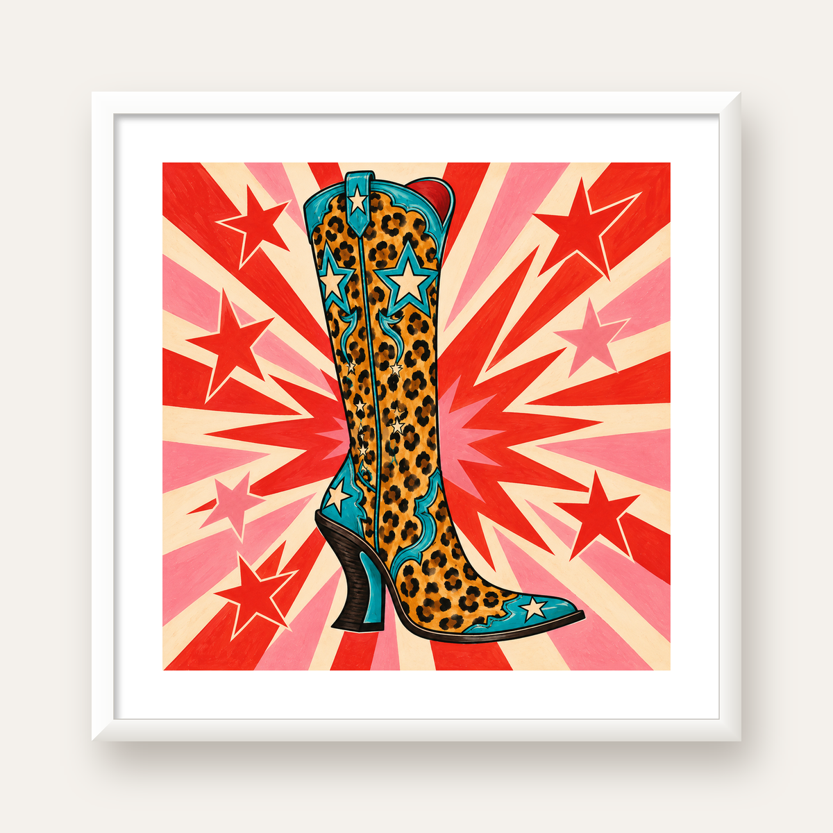 Leopar Desenli Kovboy Botu Poster – Renkli Pop Art Duvar Dekoru — beyaz çerçeveli kare poster