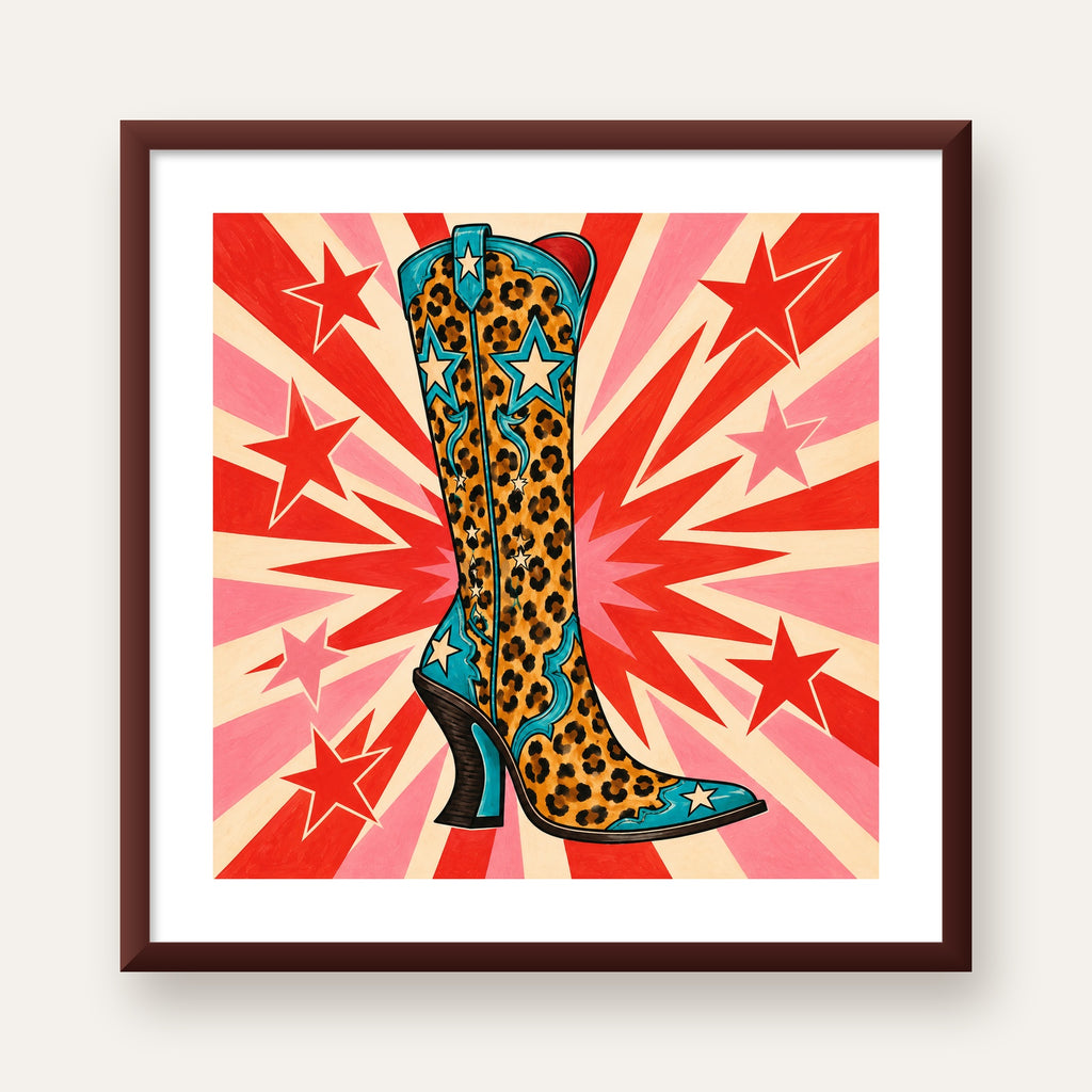 Leopar Desenli Kovboy Botu Poster – Renkli Pop Art Duvar Dekoru — ceviz çerçeveli paspartulu