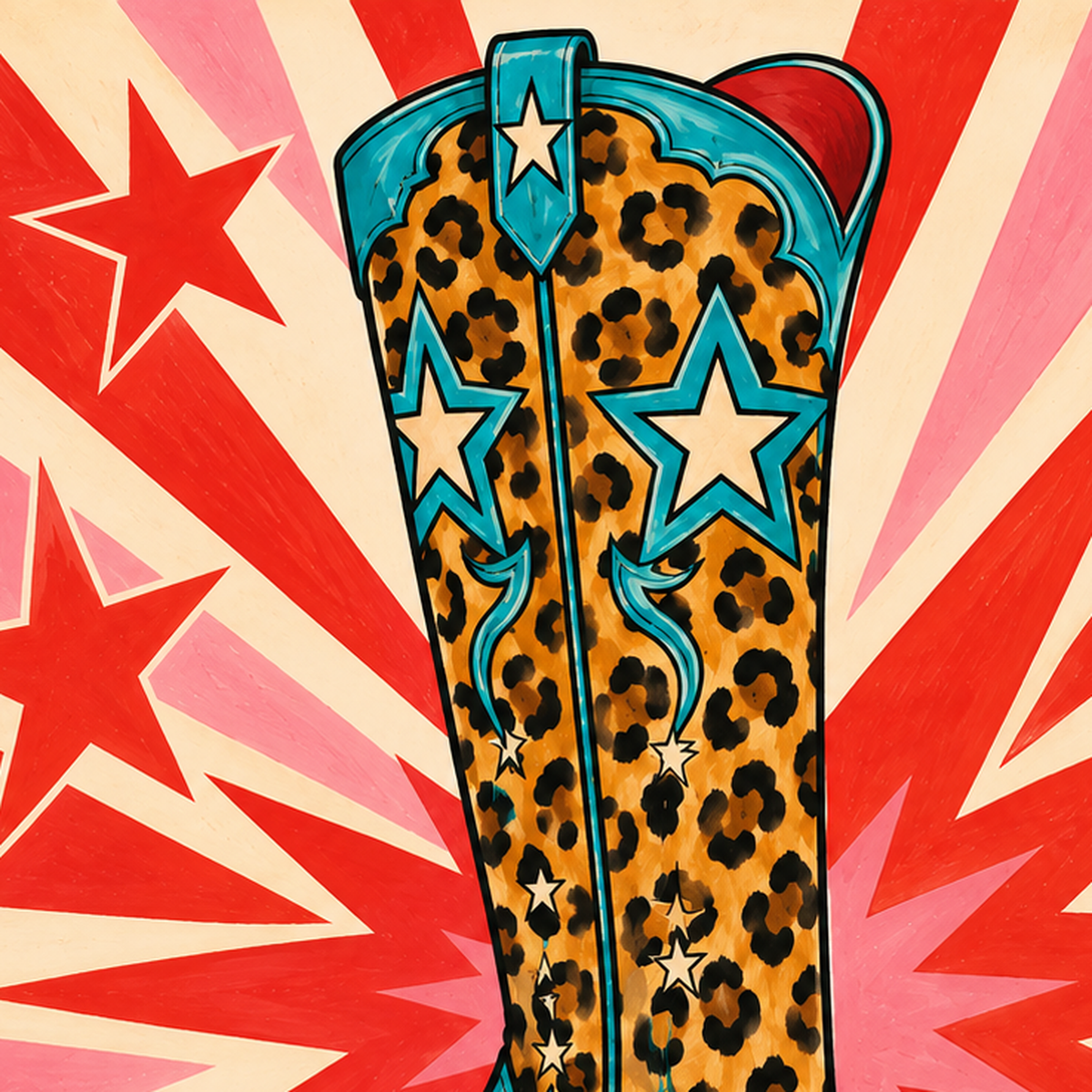 Leopar Desenli Kovboy Botu Poster – Renkli Pop Art Duvar Dekoru — baskının yakın çekimi, kâğıt dokusu ve renk detayı