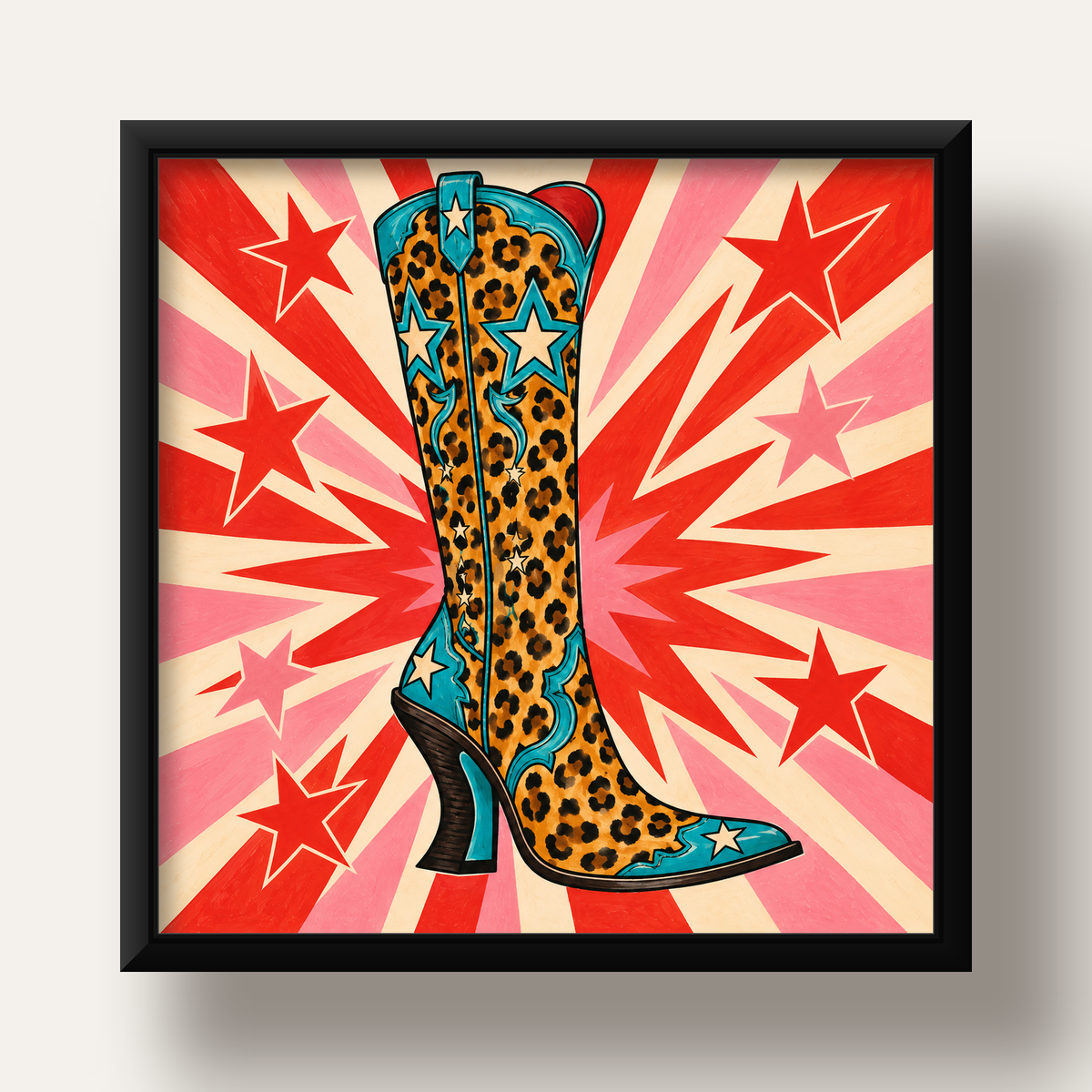 Leopar Desenli Kovboy Botu Poster – Renkli Pop Art Duvar Dekoru — siyah derin çerçeveli