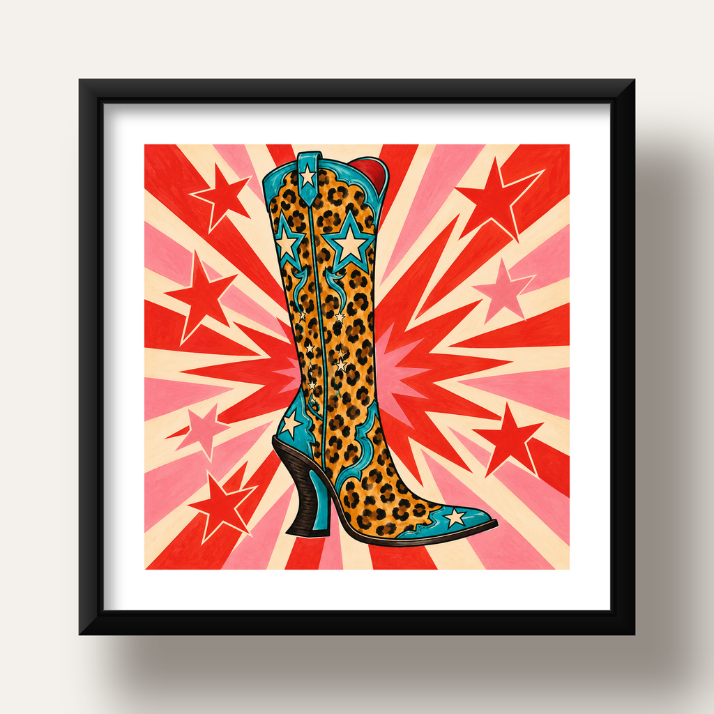 Leopar Desenli Kovboy Botu Poster – Renkli Pop Art Duvar Dekoru — siyah derin çerçeveli paspartulu