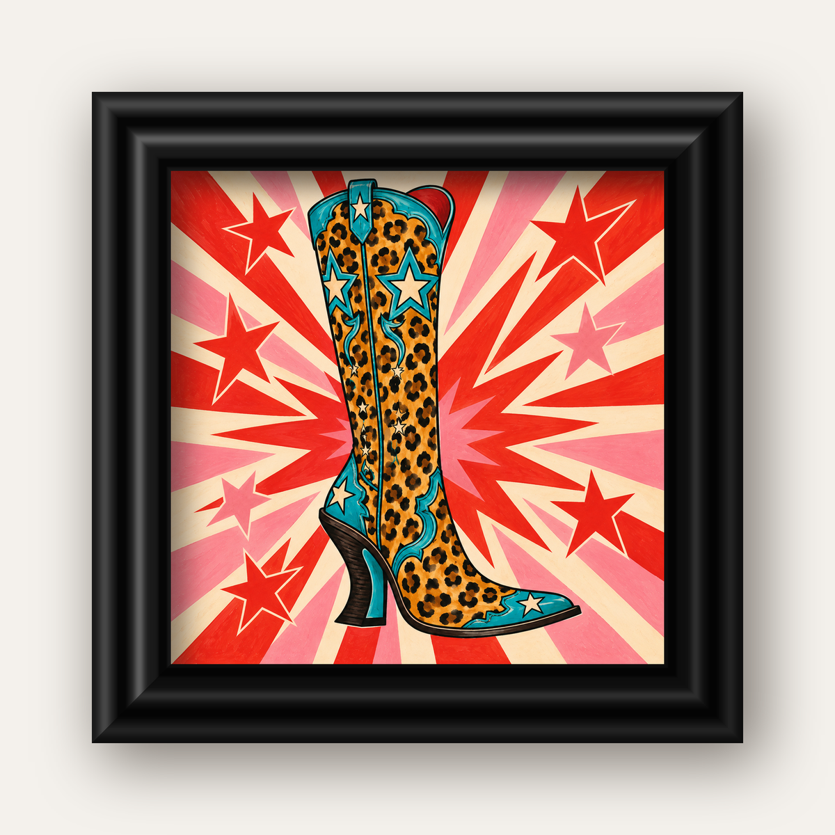 Leopar Desenli Kovboy Botu Poster – Renkli Pop Art Duvar Dekoru — siyah galeri çerçeveli