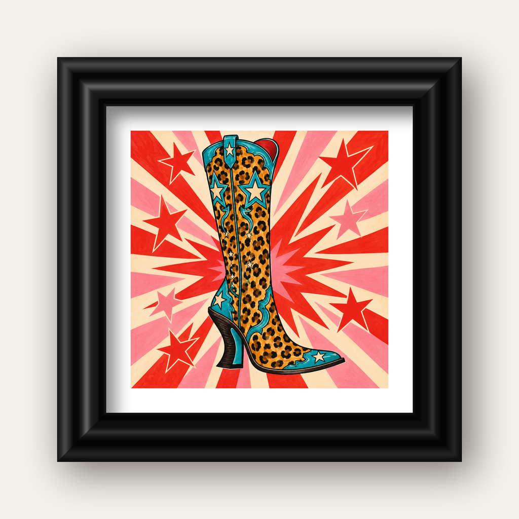 Leopar Desenli Kovboy Botu Poster – Renkli Pop Art Duvar Dekoru — siyah galeri çerçeveli paspartulu