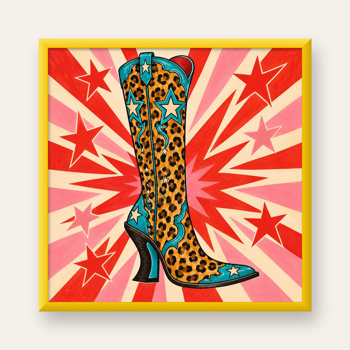 Leopar Desenli Kovboy Botu Poster – Renkli Pop Art Duvar Dekoru — sarı çerçeveli