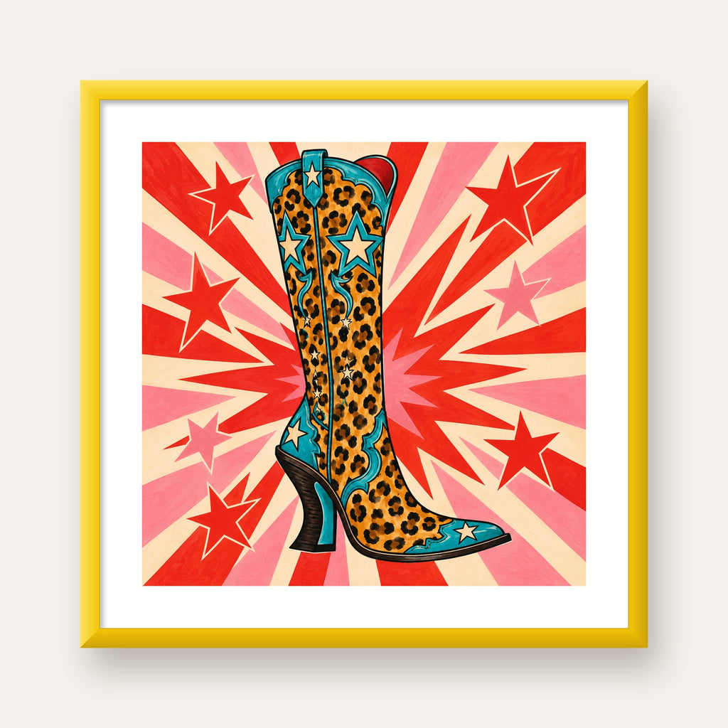 Leopar Desenli Kovboy Botu Poster – Renkli Pop Art Duvar Dekoru — sarı çerçeveli paspartulu