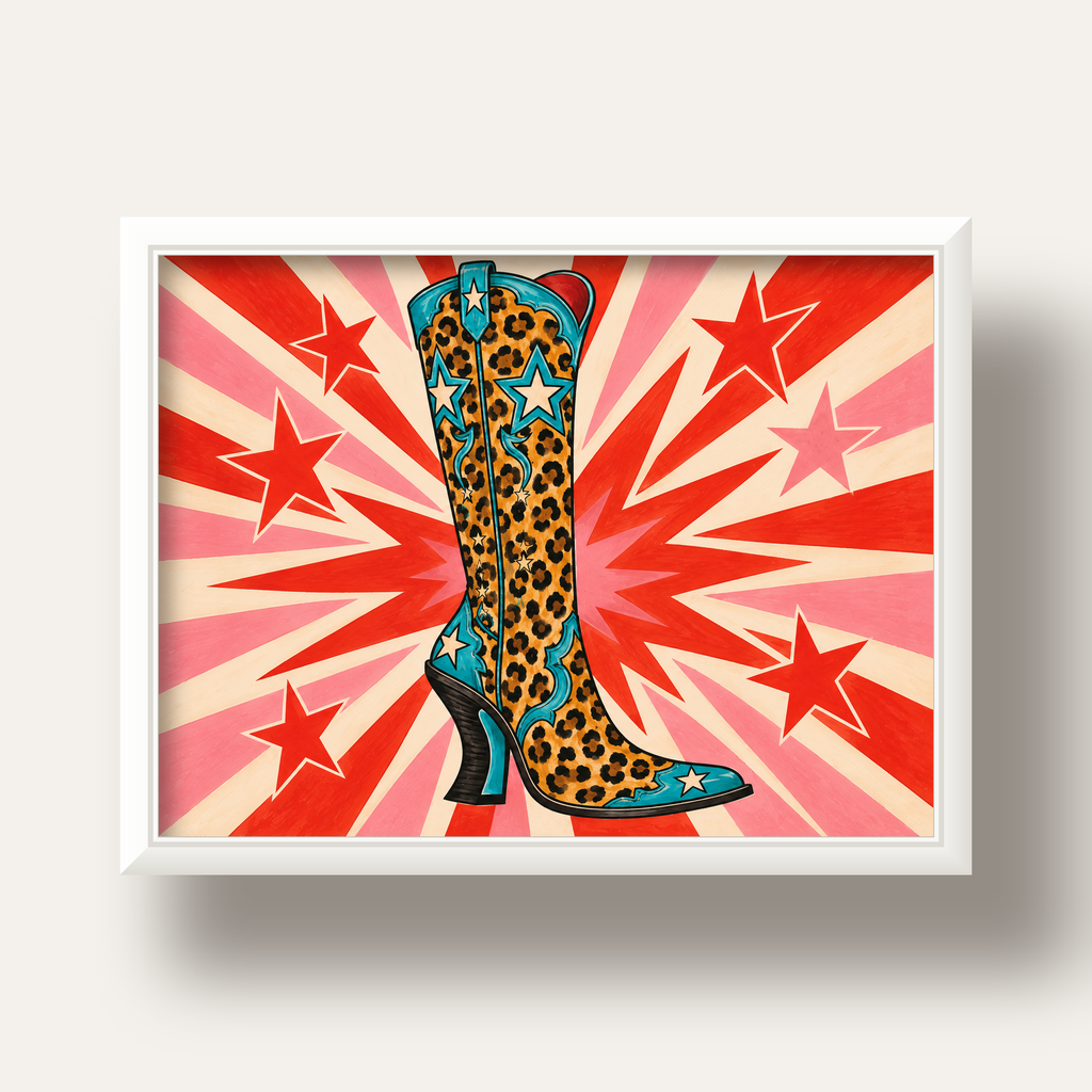 Leopar Desenli Kovboy Botu Poster – Renkli Pop Art Duvar Dekoru — beyaz derin çerçeveli