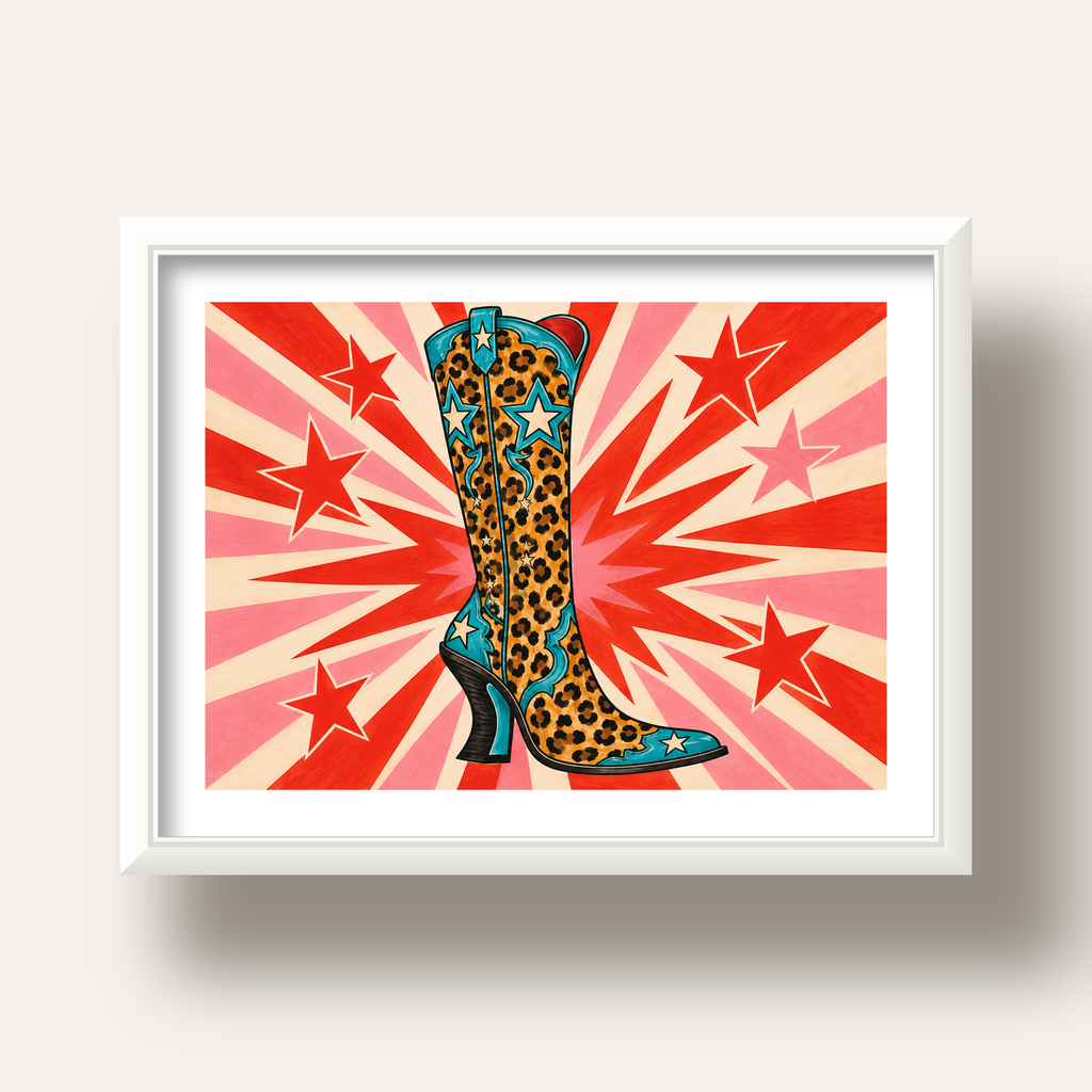 Leopar Desenli Kovboy Botu Poster – Renkli Pop Art Duvar Dekoru — beyaz derin çerçeveli paspartulu