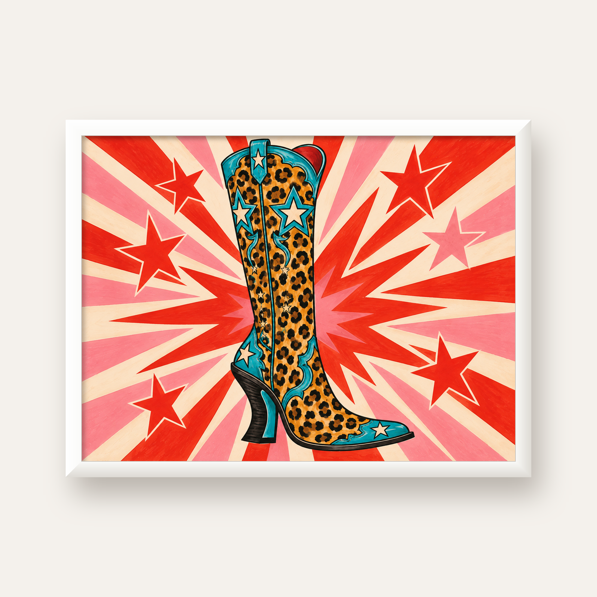 Leopar Desenli Kovboy Botu Poster – Renkli Pop Art Duvar Dekoru — beyaz çerçeveli yatay poster