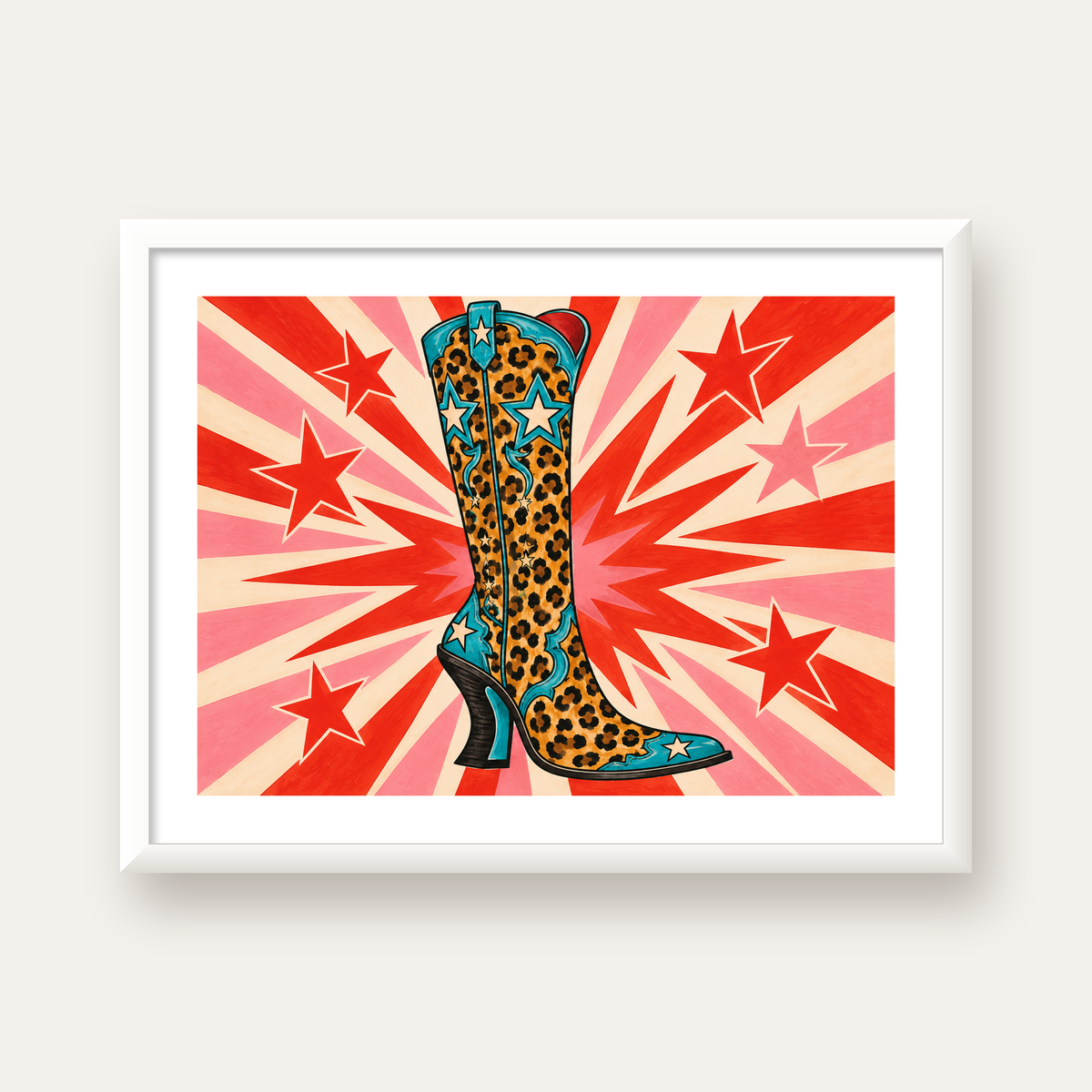 Leopar Desenli Kovboy Botu Poster – Renkli Pop Art Duvar Dekoru — beyaz çerçeveli yatay poster