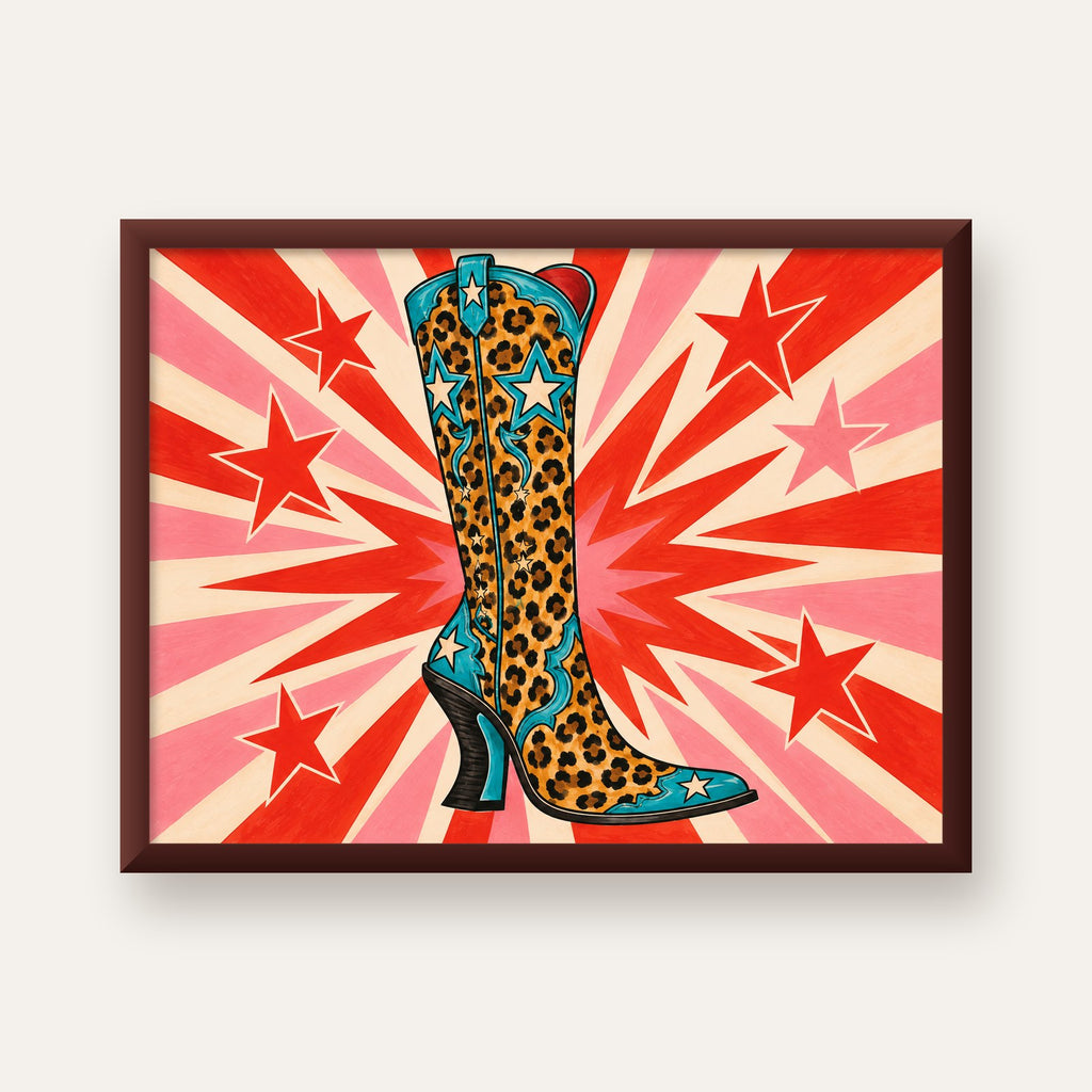 Leopar Desenli Kovboy Botu Poster – Renkli Pop Art Duvar Dekoru — ceviz çerçeveli