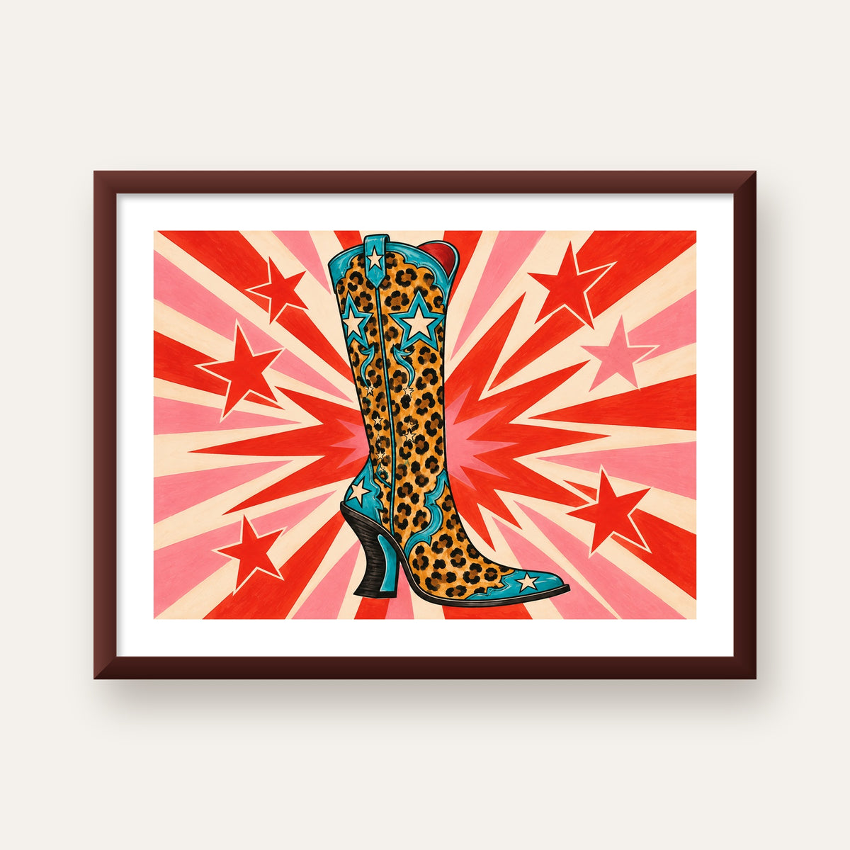 Leopar Desenli Kovboy Botu Poster – Renkli Pop Art Duvar Dekoru — ceviz çerçeveli paspartulu