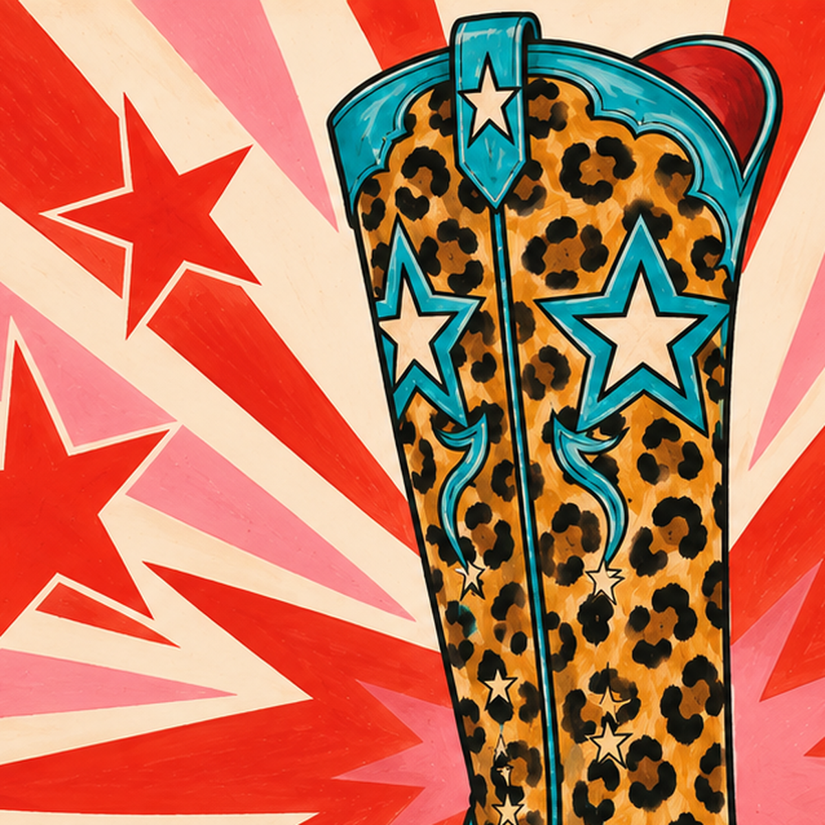 Leopar Desenli Kovboy Botu Poster – Renkli Pop Art Duvar Dekoru — baskının yakın çekimi, kâğıt dokusu ve renk detayı