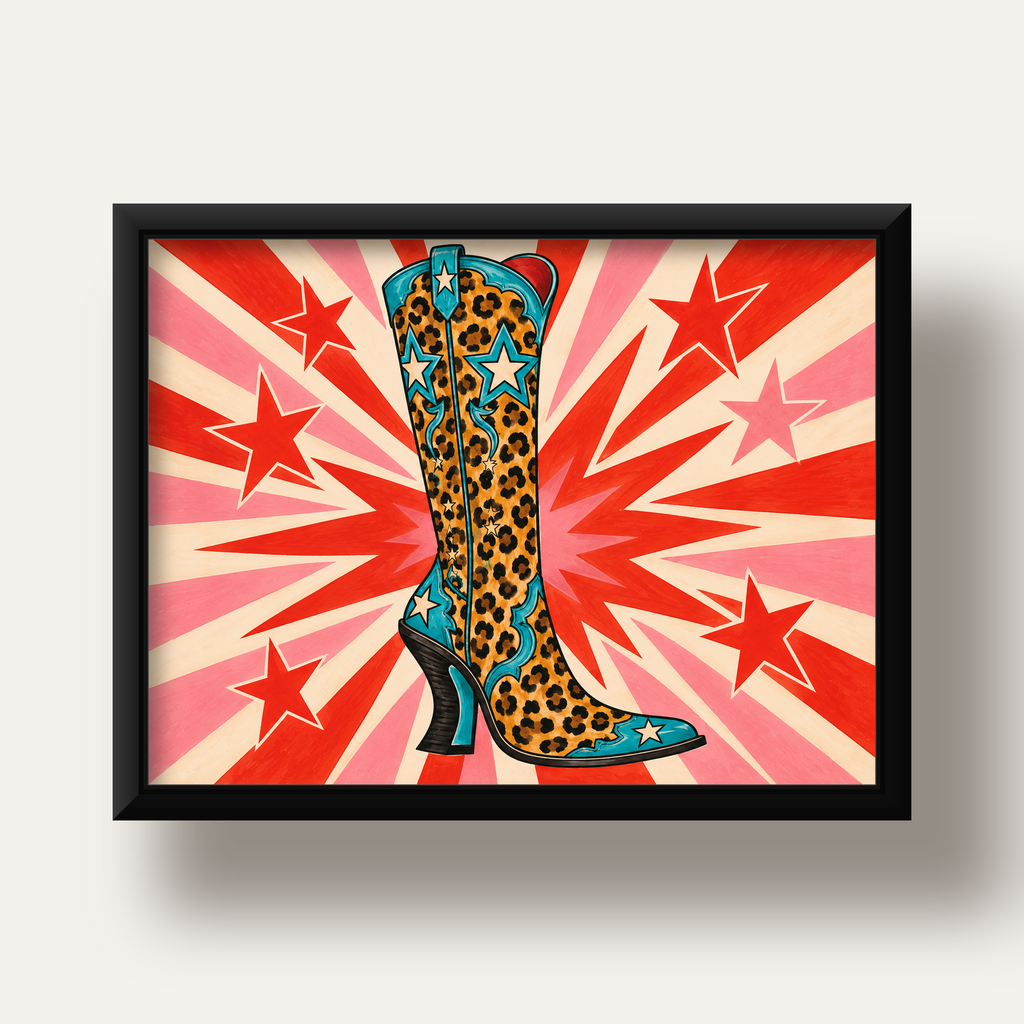 Leopar Desenli Kovboy Botu Poster – Renkli Pop Art Duvar Dekoru — siyah derin çerçeveli