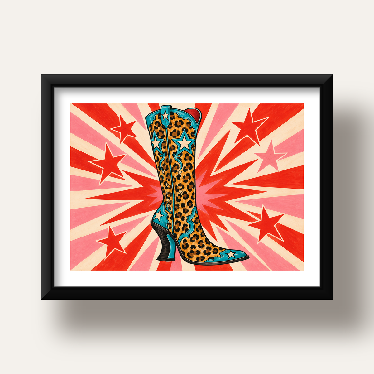 Leopar Desenli Kovboy Botu Poster – Renkli Pop Art Duvar Dekoru — siyah derin çerçeveli paspartulu