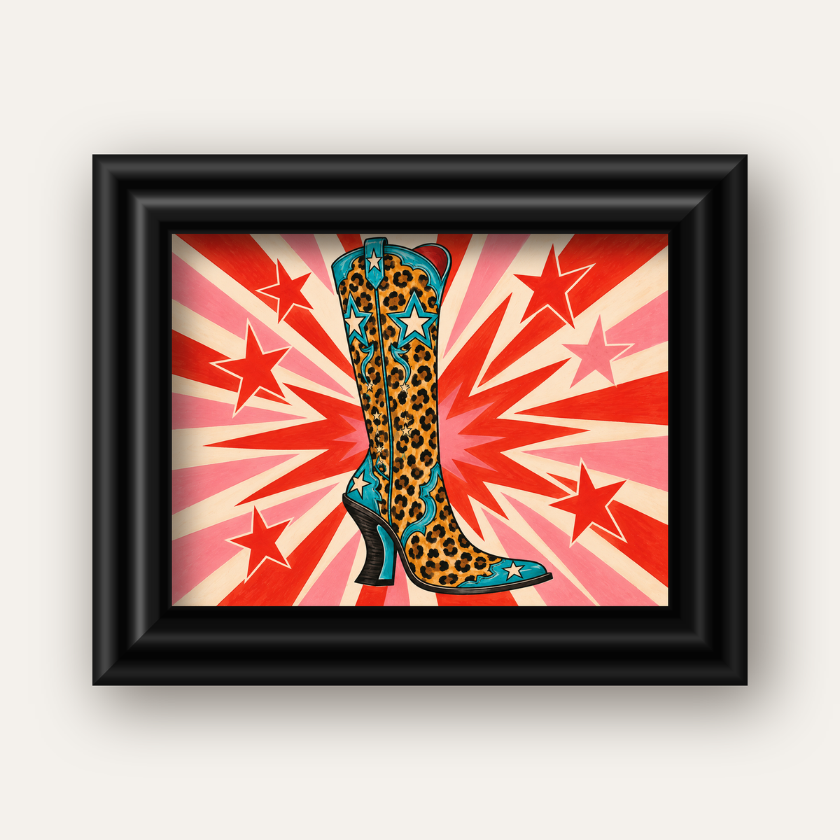 Leopar Desenli Kovboy Botu Poster – Renkli Pop Art Duvar Dekoru — siyah galeri çerçeveli