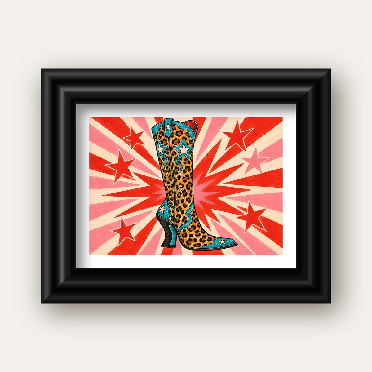 Leopar Desenli Kovboy Botu Poster – Renkli Pop Art Duvar Dekoru — siyah galeri çerçeveli paspartulu