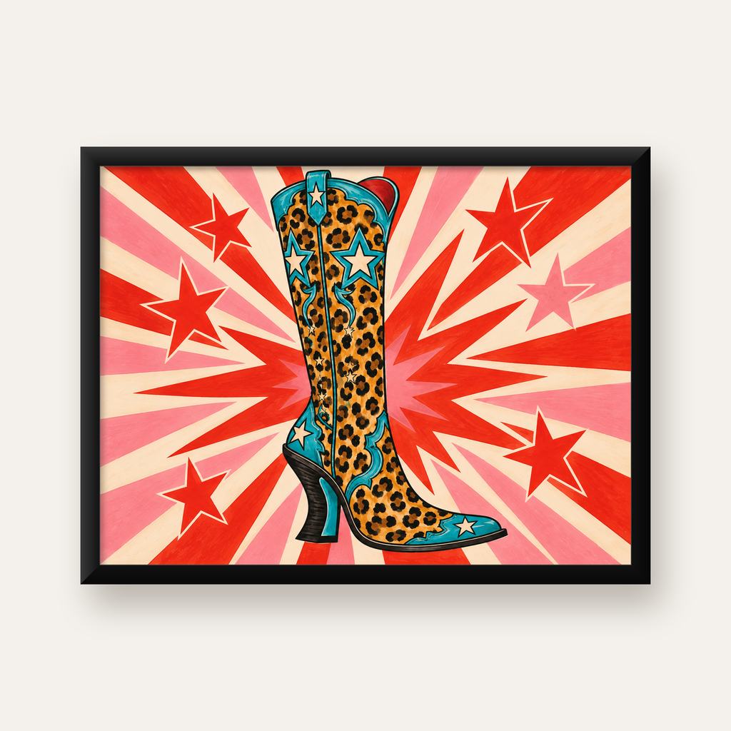 Leopar Desenli Kovboy Botu Poster – Renkli Pop Art Duvar Dekoru — Yatay baskı, düz siyah çerçeveli duvar posteri