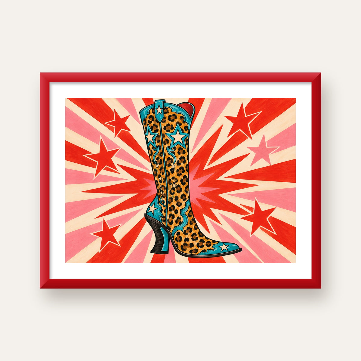 Leopar Desenli Kovboy Botu Poster – Renkli Pop Art Duvar Dekoru — kırmızı çerçeveli paspartulu