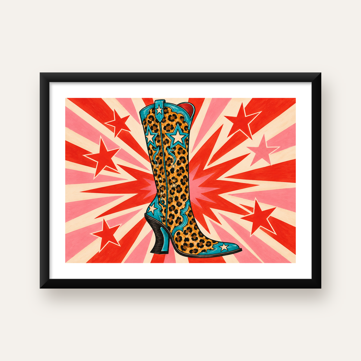 Leopar Desenli Kovboy Botu Poster – Renkli Pop Art Duvar Dekoru — Yatay baskı, beyaz paspartulu