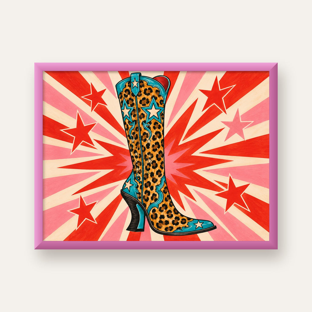 Leopar Desenli Kovboy Botu Poster – Renkli Pop Art Duvar Dekoru — pembe çerçeveli