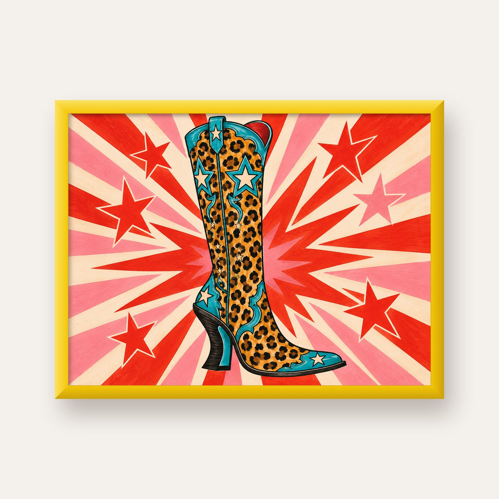 Leopar Desenli Kovboy Botu Poster – Renkli Pop Art Duvar Dekoru — sarı çerçeveli