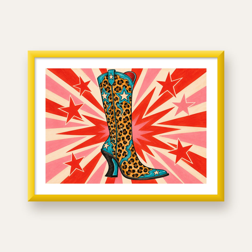 Leopar Desenli Kovboy Botu Poster – Renkli Pop Art Duvar Dekoru — sarı çerçeveli paspartulu