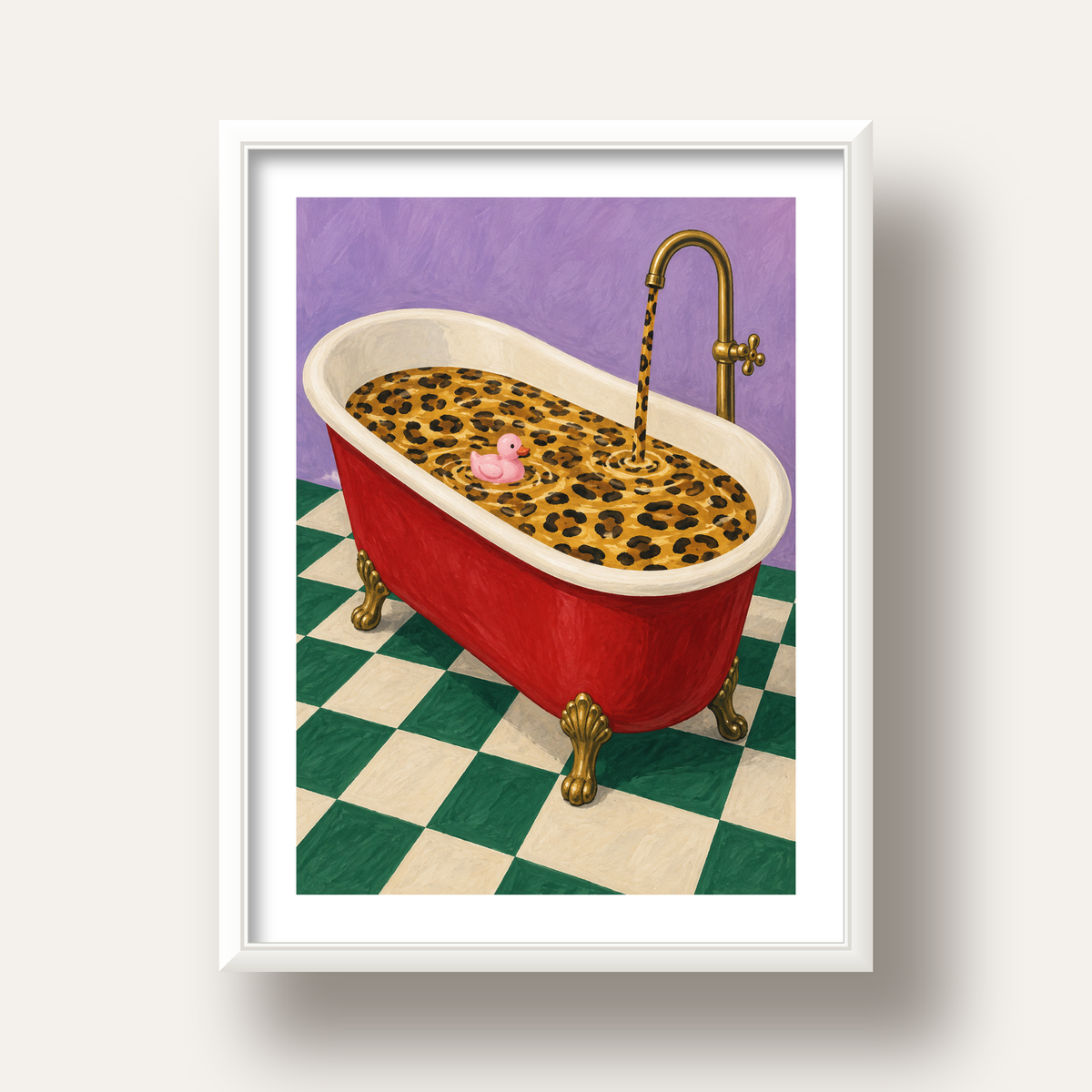 Leopar Desenli Küvet & Pembe Ördek Renkli Poster — beyaz derin çerçeveli paspartulu