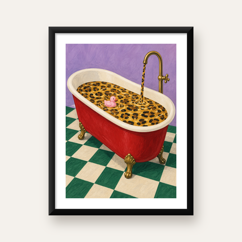 Leopar Desenli Küvet & Pembe Ördek Renkli Poster — Dikey baskı, beyaz paspartulu