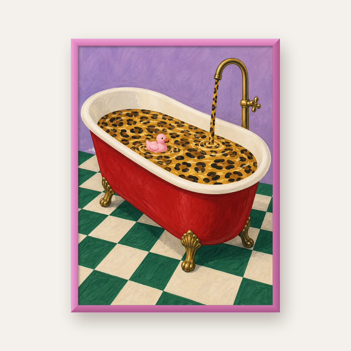 Leopar Desenli Küvet & Pembe Ördek Renkli Poster — pembe çerçeveli