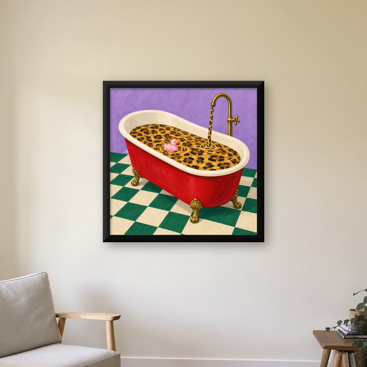 Leopar Desenli Küvet & Pembe Ördek Renkli Poster — Kare baskı, çerçeveli hâliyle bir ev duvarında