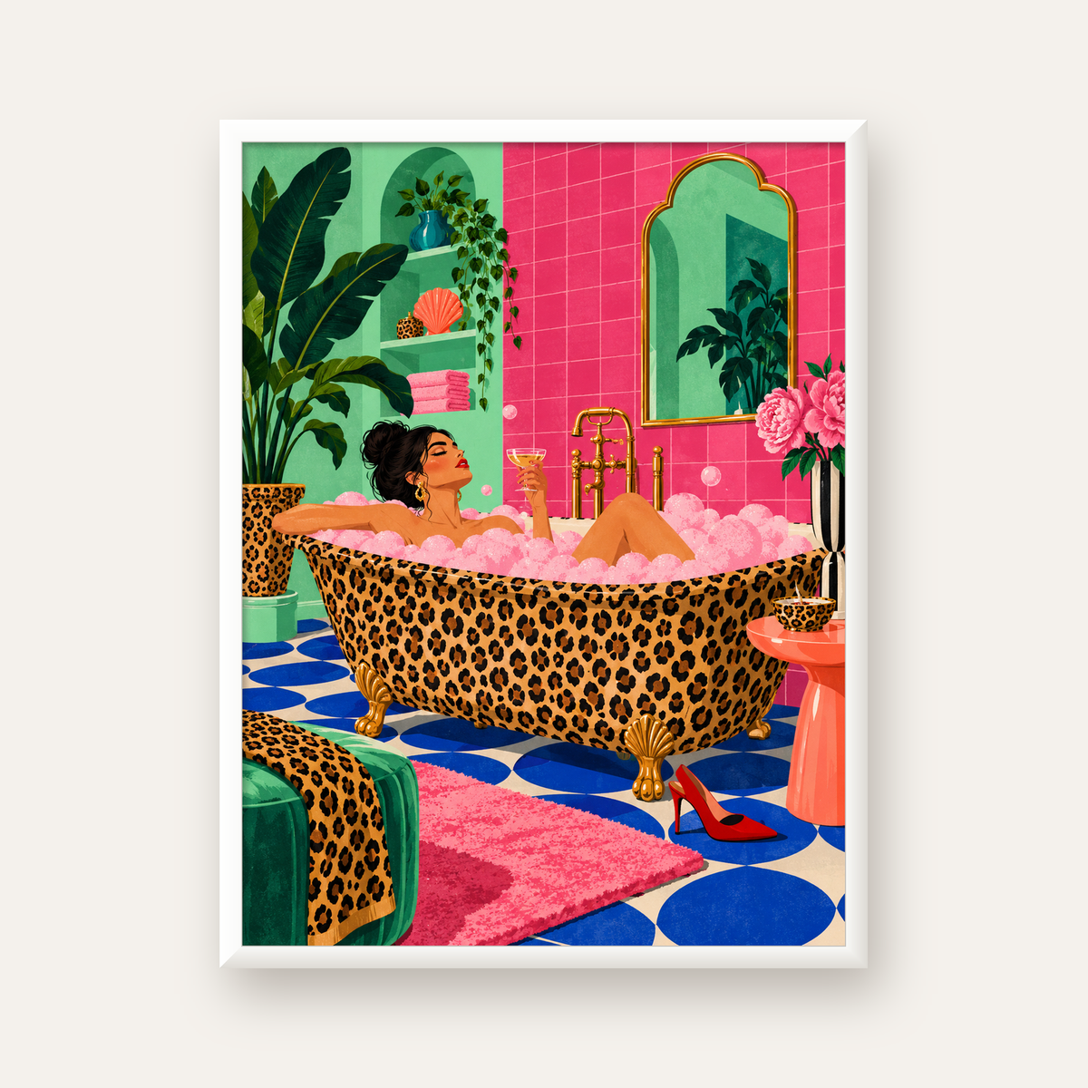 Leopar Küvetli Renkli Banyo — beyaz çerçeveli dikey poster
