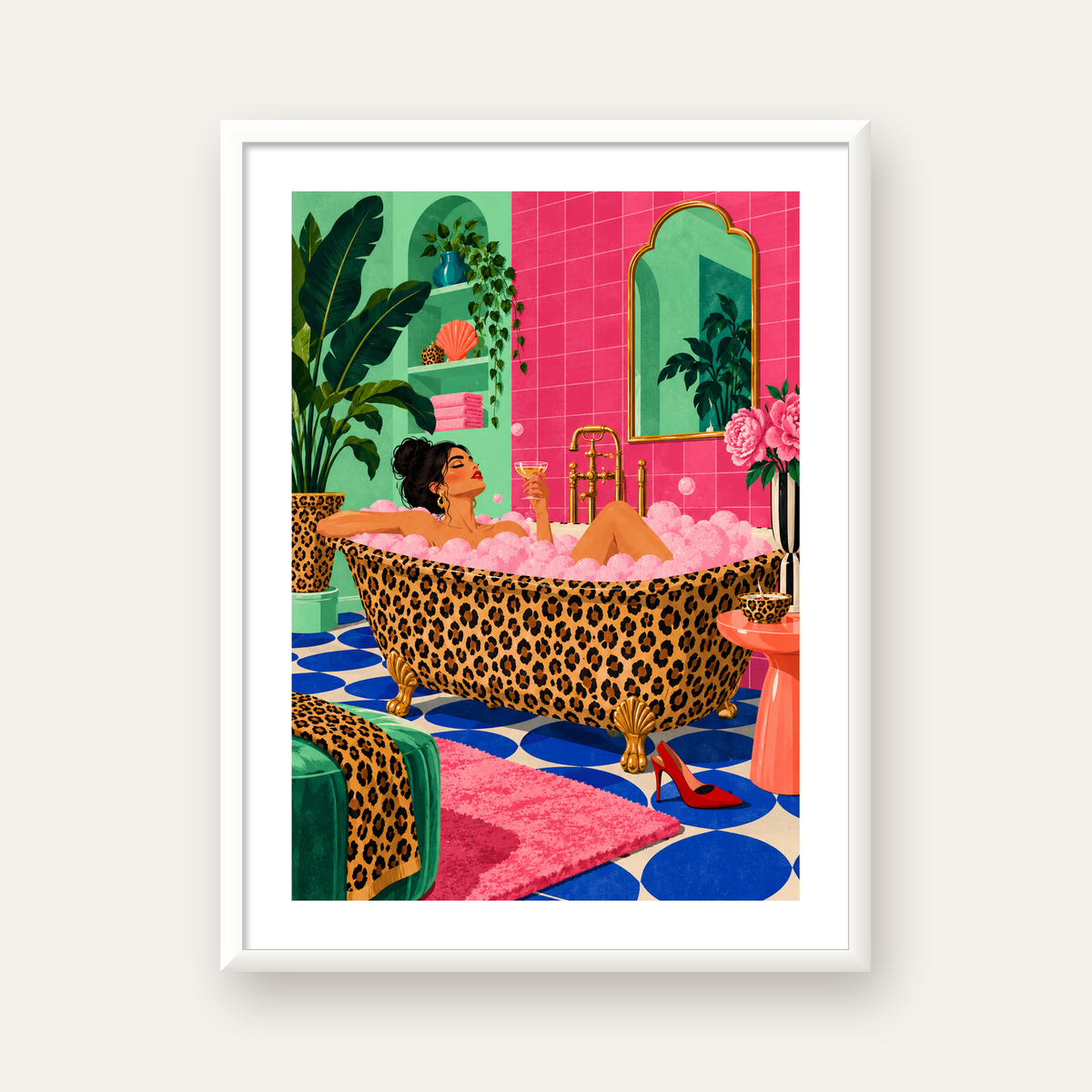 Leopar Küvetli Renkli Banyo — beyaz çerçeveli dikey poster