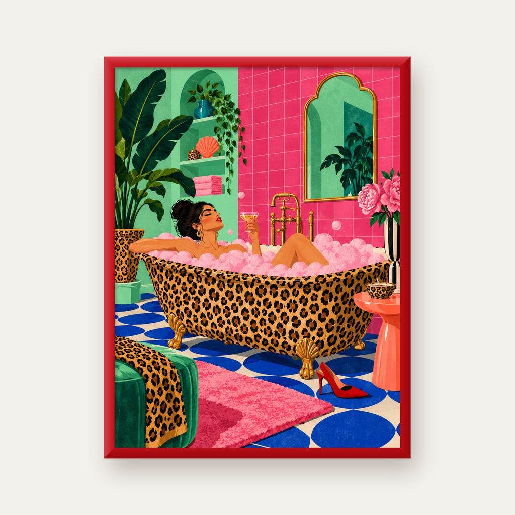 Leopar Küvetli Renkli Banyo — kırmızı çerçeveli