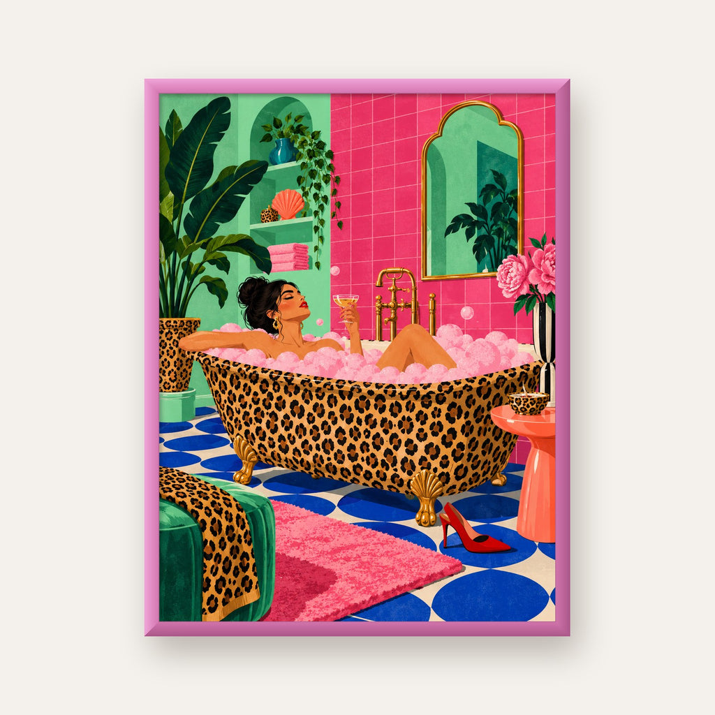 Leopar Küvetli Renkli Banyo — pembe çerçeveli