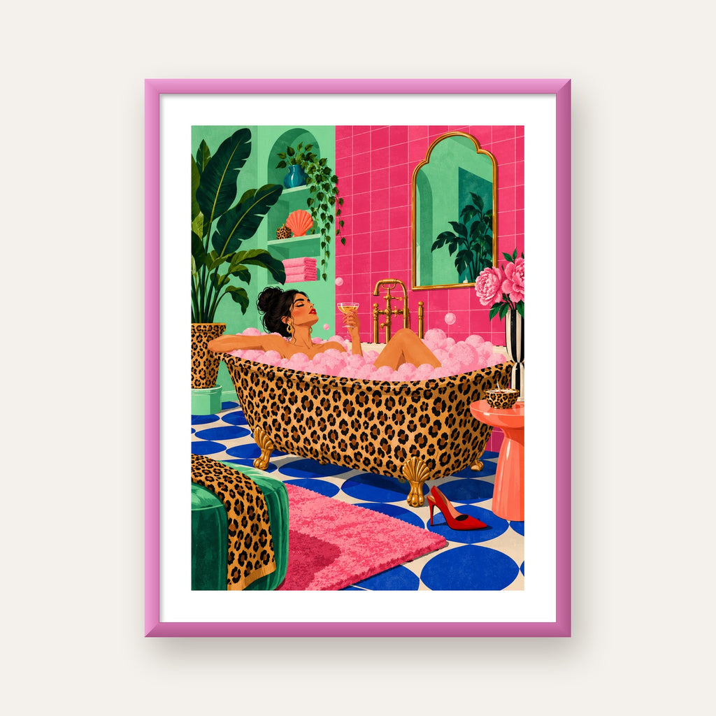 Leopar Küvetli Renkli Banyo — pembe çerçeveli paspartulu