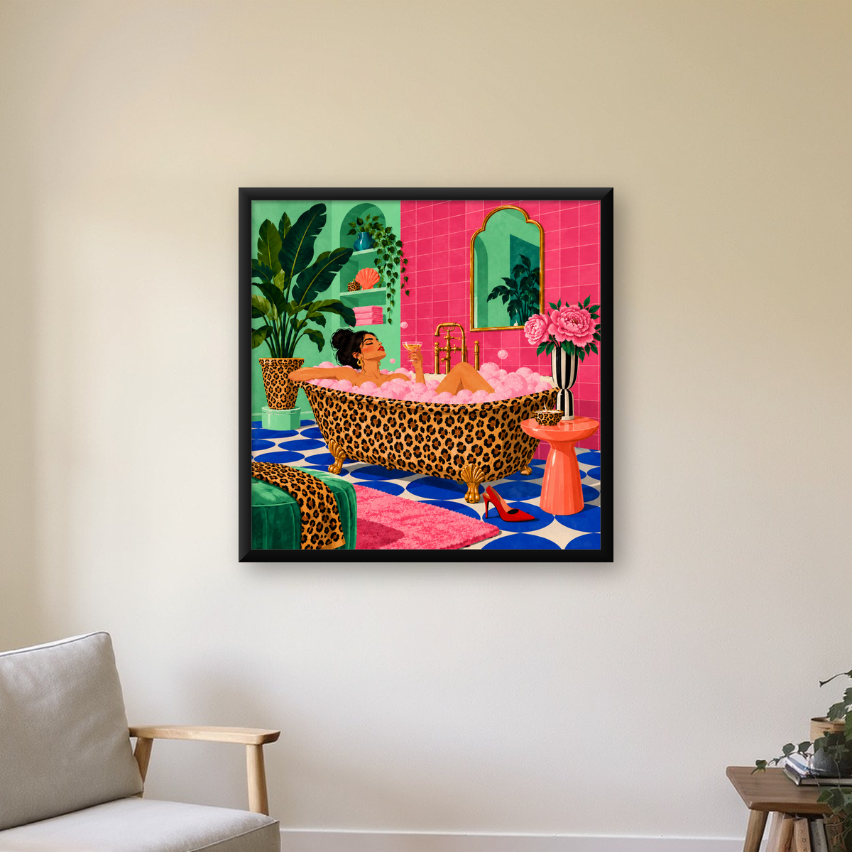Lüks Banyo & Leopar Desenli Kadın İllüstrasyon Poster — Kare baskı, çerçeveli hâliyle bir ev duvarında