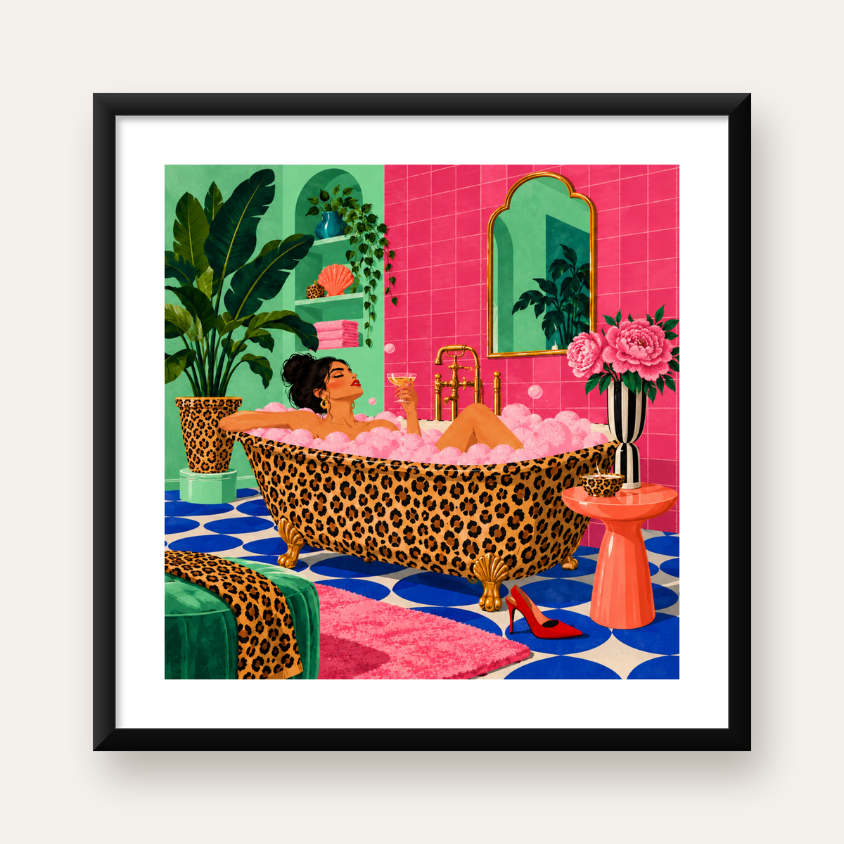 Lüks Banyo & Leopar Desenli Kadın İllüstrasyon Poster — Kare baskı, beyaz kenar boşluklu