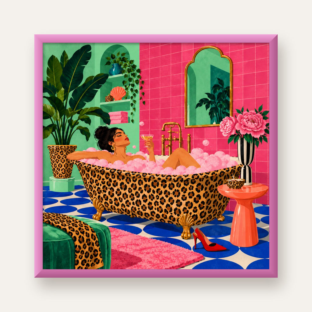 Leopar Küvetli Renkli Banyo — pembe çerçeveli