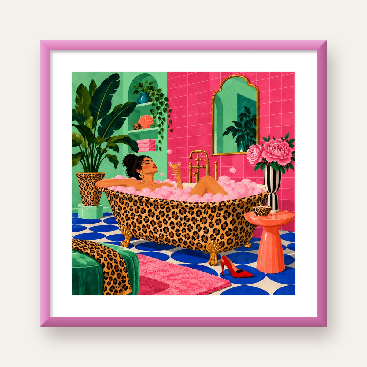 Leopar Küvetli Renkli Banyo — pembe çerçeveli paspartulu