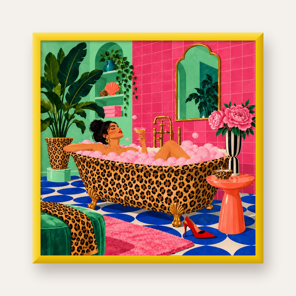 Leopar Küvetli Renkli Banyo — sarı çerçeveli
