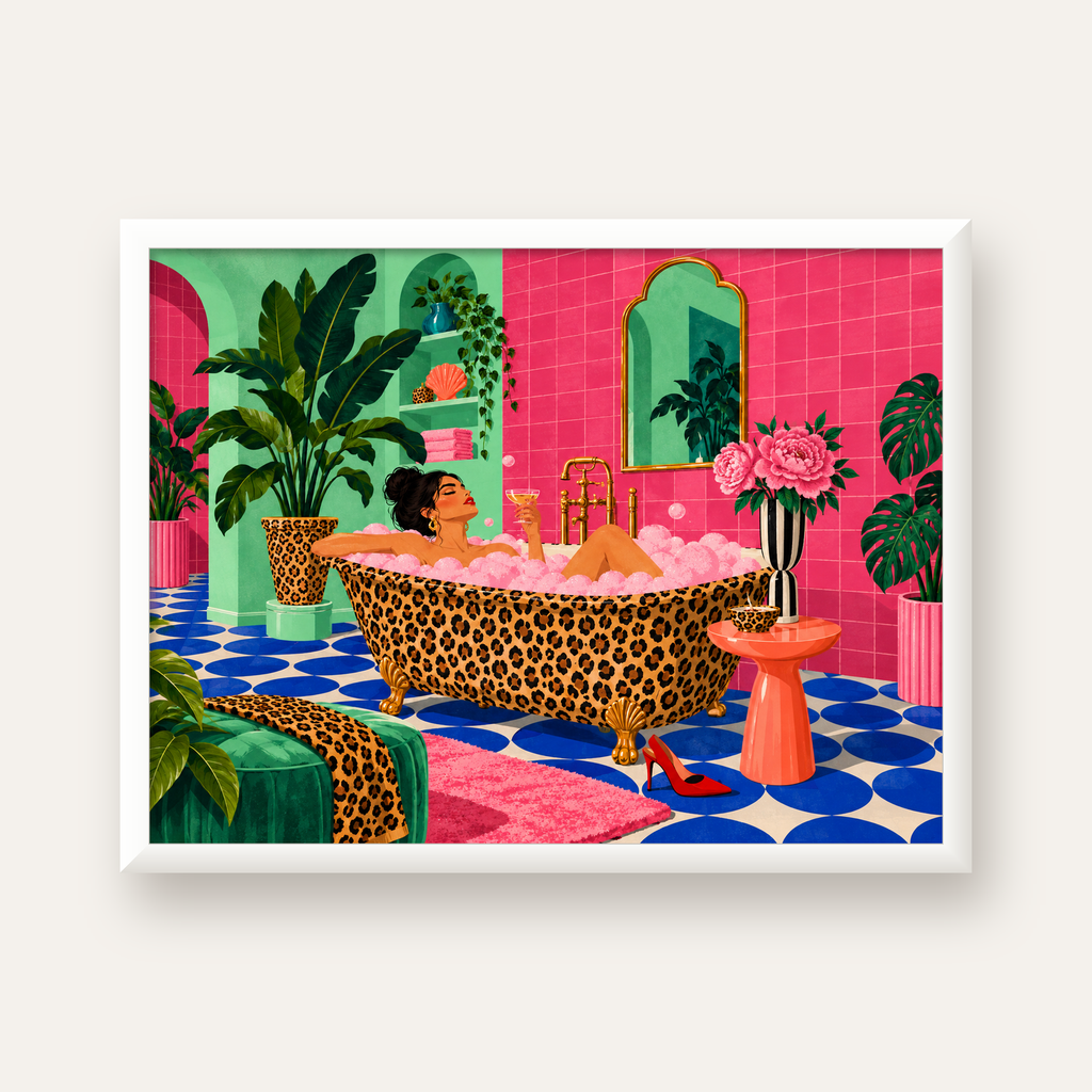 Leopar Küvetli Renkli Banyo — beyaz çerçeveli yatay poster