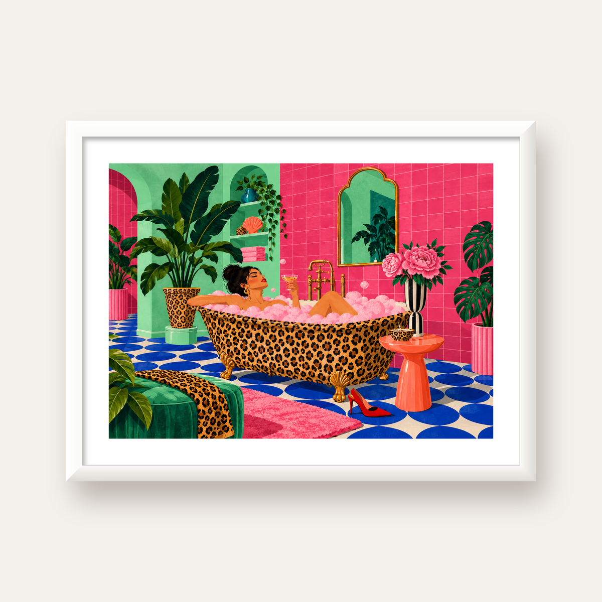 Leopar Küvetli Renkli Banyo — beyaz çerçeveli yatay poster